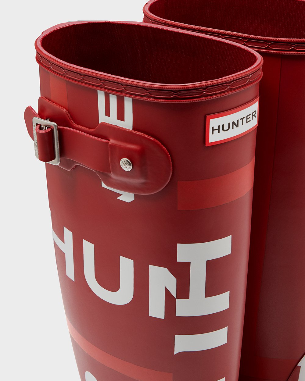 Hunter Uzun Yağmur Çizmeleri Bayan Gri Kırmızı - Original Exploded Logo - Türkiye ID9468275